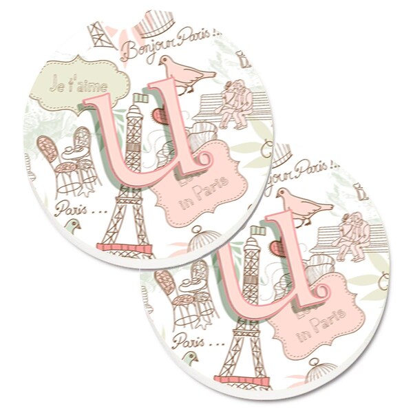 Carolines Treasures Letter U Love in Paris Pink Set of 2 Cup Holder Car Coaster CJ2002-UCARC - main